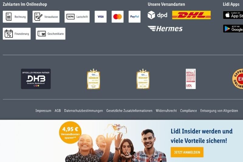 Man sieht die verschiedenen Zahlungsarten im Lidl Online Shop.